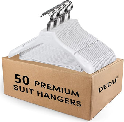 Suit Hangers for Men 50 Pack, White Coat Hangers Extra Wide Non Slip Width 17.7", Thick Plastic with Pants Bar & Metal Hook