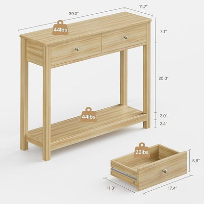 Gizoon 2 Drawer Console Table, 2-Tier Wood Entryway Table with Storage Shelves, 39" W Wood Accent Sofa Table for Front Hall, Hallway, Living Room, Oak Color