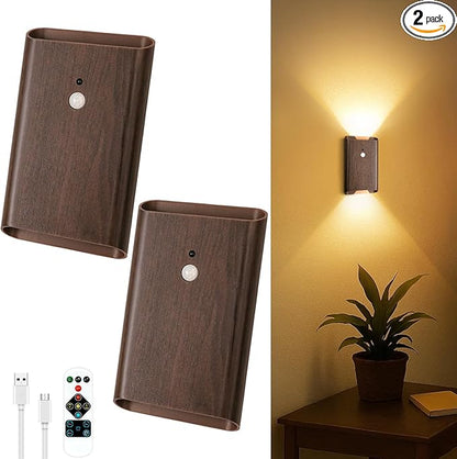 Rechargeable Motion Sensor Wall Light - 3 Colors Battery Powered Wireless Wall Sconces Set of Two with Remote, Magnetic Motion Sensor Stair Lights Indoor Night Light for Bedroom Hallway Closet, Walnut