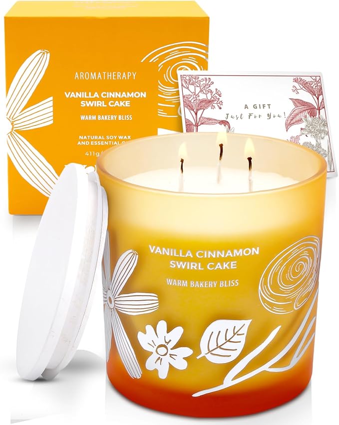Vanilla Cinnamon Swirl Cake 3-Wick Soy Scented Candle for Home, 14.5 oz Large | Bakery Scented Candle | Long Lasting Aromatherapy Candles | Gift for Women & Men Housewarming