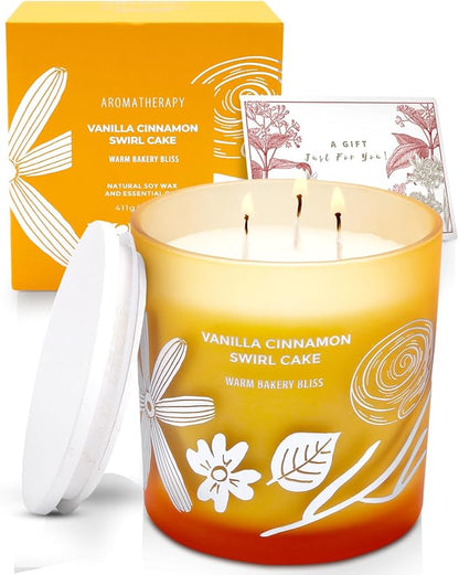 Vanilla Cinnamon Swirl Cake 3-Wick Soy Scented Candle for Home, 14.5 oz Large | Bakery Scented Candle | Long Lasting Aromatherapy Candles | Gift for Women & Men Housewarming