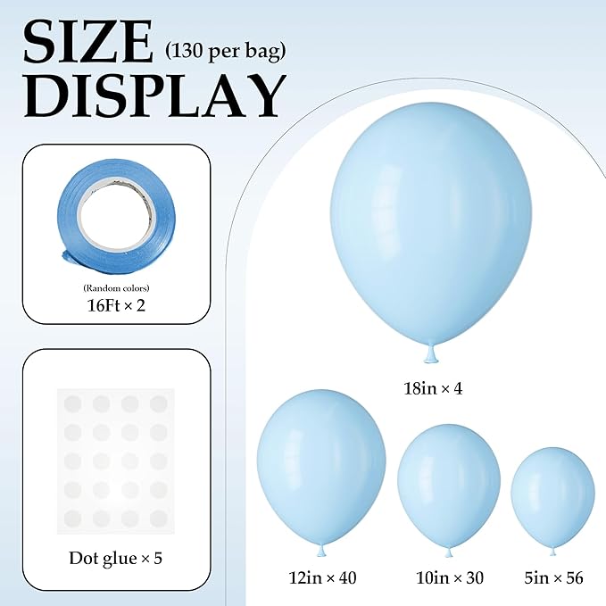 130PCS PastelBlue Balloons, Latex Balloon Different Sizes 18/12/10/5 Inch, Helium Balloons with Ribbon, Party Balloon Set for Birthday Wedding Graduation Anniversary Baby Shower Decoration