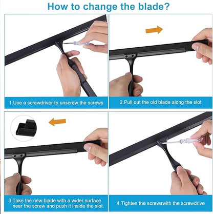Quntis 12 Inch Squeegee for Shower Glass, Black Shower Squeegee with Adhesive Hooks Heavy Duty, Non-Slip Long Handle, Spare Blade, All-Purpose Squeegee Cleaning for Bathroom Doors Car Window