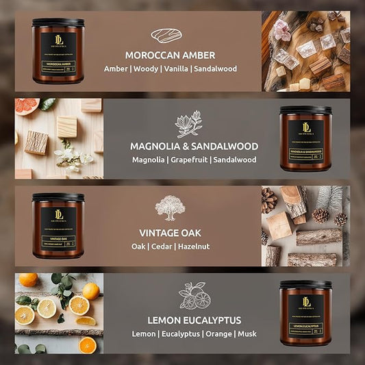 Scented Candles Set, Soy Candles for Home Scented, 4 Pack 28oz Valentine's Day Candle Gifts for Men Women, Scents of Magnolia & Sandalwood/Moroccan Amber/Lemon Eucalyptus/Vintage Oak
