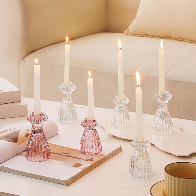 Lysenn Glass Candle Stick Holder Set of 6 – Premium Taper Candle Holders for Romantic Ambiance - Candle Sticks Holder Decor for Special Occasions - Iridescent