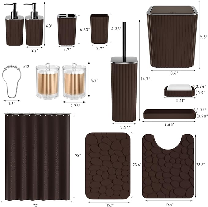 Bathroom Accessories Set - 25PC Bathroom Sets with Shower Curtain and Rugs, Brown Bathroom Accessories, Bathroom Accessory Set, Brown Shower Curtain Set, Trash Can & Soap Dispenser