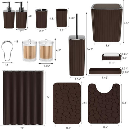 Bathroom Accessories Set - 25PC Bathroom Sets with Shower Curtain and Rugs, Brown Bathroom Accessories, Bathroom Accessory Set, Brown Shower Curtain Set, Trash Can & Soap Dispenser