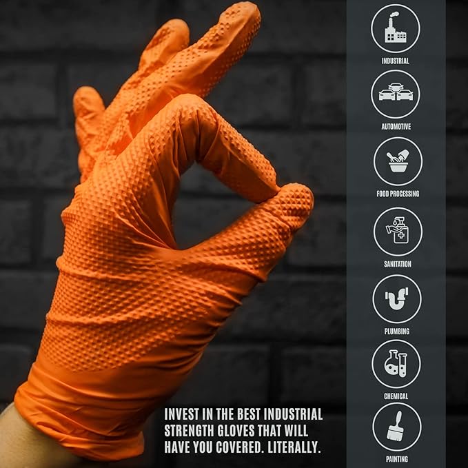MED PRIDE Maxx Strength Nitrile Industrial Orange Gloves, 8 Mil Thick - Diamond Texture Disposable Heavy-Duty, Tear-Resistant