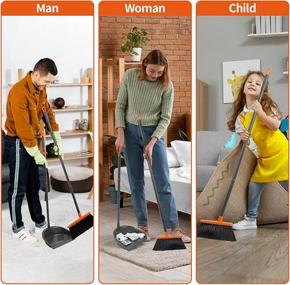 Long Handle Broom with Upright Standing Dustpan Combo for Office Home Kitchen Lobby Floor Cleaning