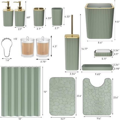 Bathroom Accessories Set - 25PC Sage Green Bathroom Set, Bathroom Set with Shower Curtain and Rugs, Sage Green Shower Curtain Set, Bathroom Accessory Set, Trash Can & Soap Dispenser