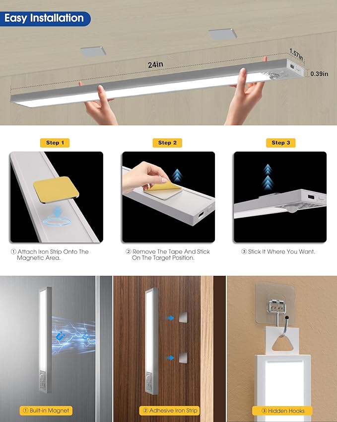 24 Inch Under Cabinet Lighting, 3Pack 5CCT Dimmable Closet Lights, Motion Sensor LED Lights of Battery Operated, Rechargeable Under Counter Light for Kitchen, Stairs, Bedroom, Wardrobe