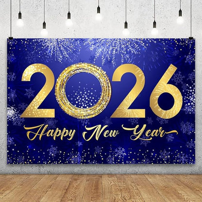 YongFoto 2026 Happy New Year Backdrop 7x5ft Fireworks Snowflakes Photography Background Christmas Night Festival Carnival Celebration Party Banquet Decor Banner Photoshoot Wallpaper Photo Booth