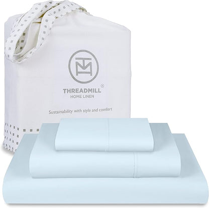 Threadmill 100% Cotton Sheets for Twin XL Size Bed - 600 Thread Count Twin XL Bed Sheets Set with 15” Deep Pocket - Sateen Weave 3-Piece Bedding Set with Cooling Effect, Blue