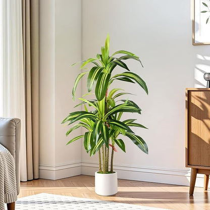Artificial Dracaena Fake Tree 4FT, White High Pot Artificial Plants Indoor&Outdoor, Fake Plants for Office/Home/Living Room Potted Decoration, 4ft