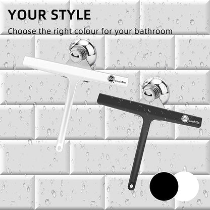Squared Shower Squeegee with Hook, 11 inch Stainless Steel Silicone Core All-Purpose Household Window Mirror Cleaner Tool Bathroom Squeegee for Glass Doors,Car Cleaning,Tile Wall,Black