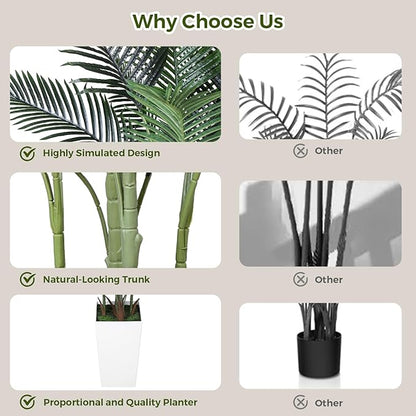 Artificial Areca Palm Tree 5FT Fake Potted Plant Faux Silk Tropical Areca Palm Real Bark Design, Large Artificial Plant in Tall White Pot for Home Living Room House Warming Floor Decor