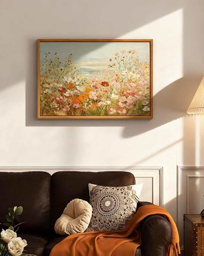 InSimSea Vintage Framed Canvas Art, Vintage Coastal Wildflower Field Painting, Hand-Painted Landscape Textured Artwork for Living Room Hallway,16x24in,Nature Serene Wall Shelf Decor Aesthetic