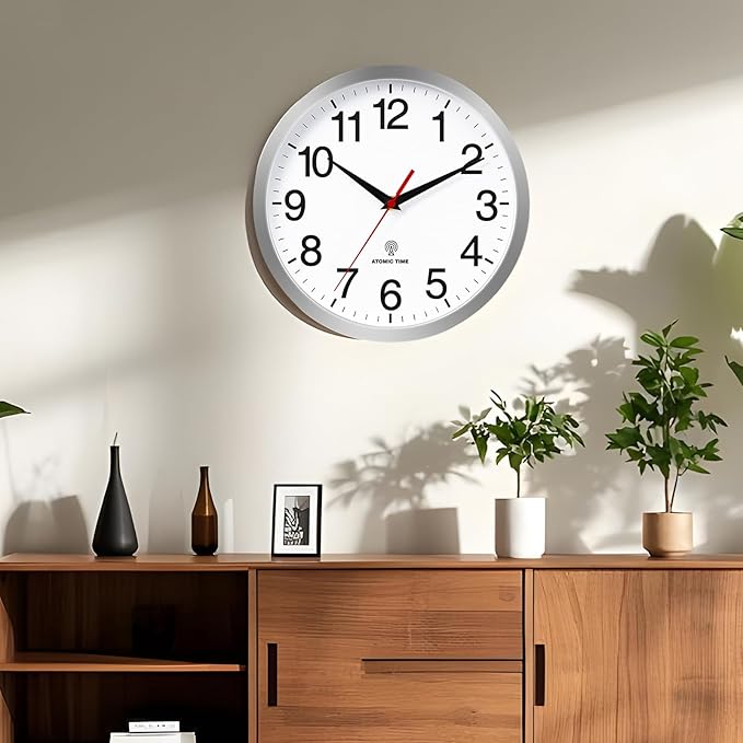 Atomic Wall Clock Modern 14 Inch Battery Operated Silent Non Ticking Analog Clock Decorative for Bedroom Kitchen Bathroom Office Home Living Room (Silver)