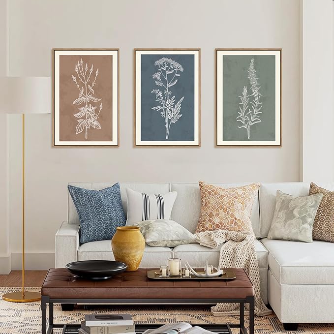 HLNIUC Neutral Botanical Framed Wall Art Set, Boho Minimalist Plant Canvas Wall Decor, Vintage Leaf Wall Painting, Nature Floral Silhouette Art Print for Bedroom, Living Room, Study - 24”x36”x3