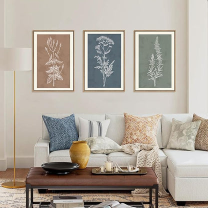 HLNIUC Neutral Botanical Framed Wall Art Set, Boho Minimalist Plant Canvas Wall Decor, Vintage Leaf Wall Painting, Nature Floral Silhouette Art Print for Bedroom, Living Room, Study - 24”x36”x3
