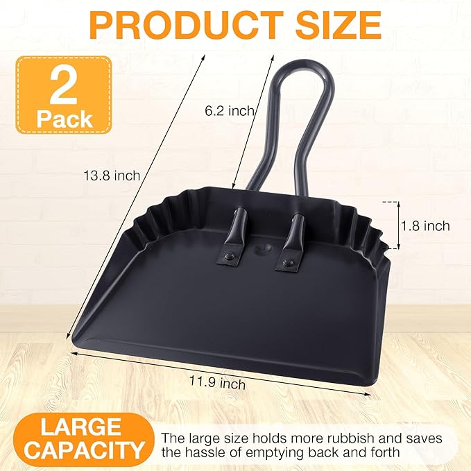 Mumufy 4 Pack 12 inch Heavy Duty Metal Dustpan Large Wide Dust Pans for Household Handheld Wide Scooper and Debris Cleaning Tool Ideal for Home and Commercial Use(Black)
