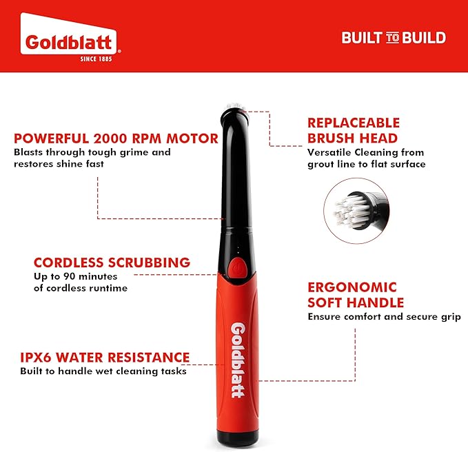 Goldblatt Electric Spin Scrubber Cordless 18-Piece Kit, Power Scrubber with Battery Indicator Light, IPX6 Waterproof, Electric Cleaning Brush for Grout, Tile, Bathroom, Kitchen Cleaning
