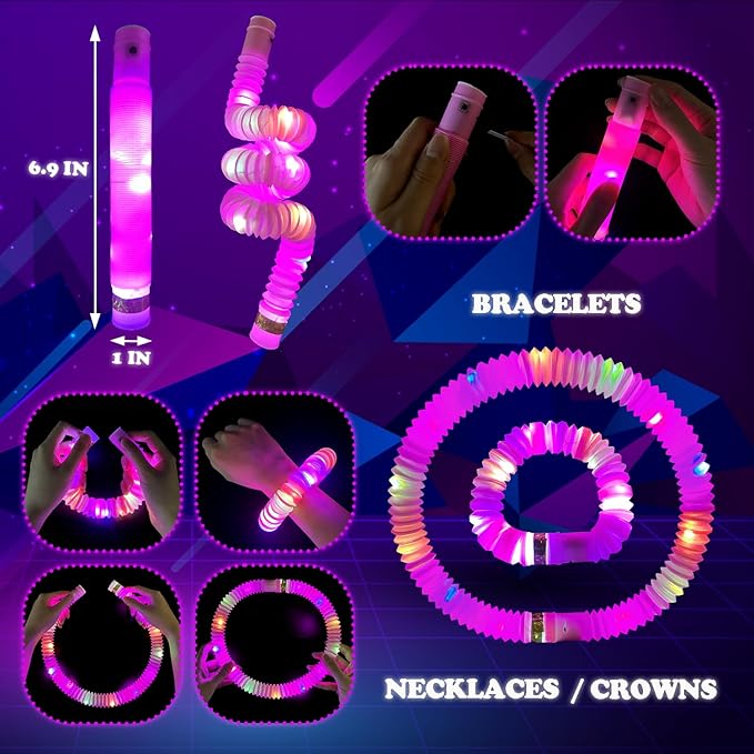 12-24 PCS Pink Glow Sticks Party Favors for Kids,LED Light up Pop Tubes for Toddlers, Neon Necklaces Bracelets Accessories,Birthday Dance Wedding Valentines Day Mardi Gras Party Supplies Decorations