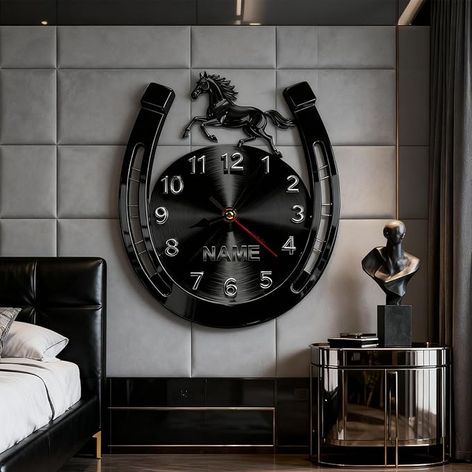 Personalized Horseshoe Name Wall Clock for Horse Lovers 2D Acrylic Printing Custom Name Clock Decorative Wall Clocks Suitable for Reception Rooms Conference Rooms Offices (Black Horseshoe)