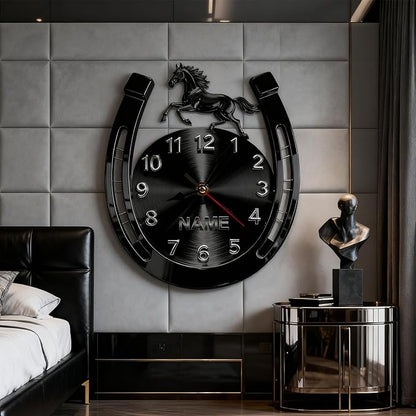 Personalized Horseshoe Name Wall Clock for Horse Lovers 2D Acrylic Printing Custom Name Clock Decorative Wall Clocks Suitable for Reception Rooms Conference Rooms Offices (Black Horseshoe)