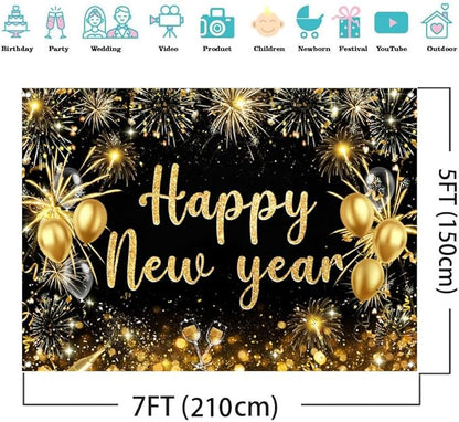 AIIKES 82.6x59 Inches Happy New Year Backdrop Gold Fireworks New Year Party Decoration XY238