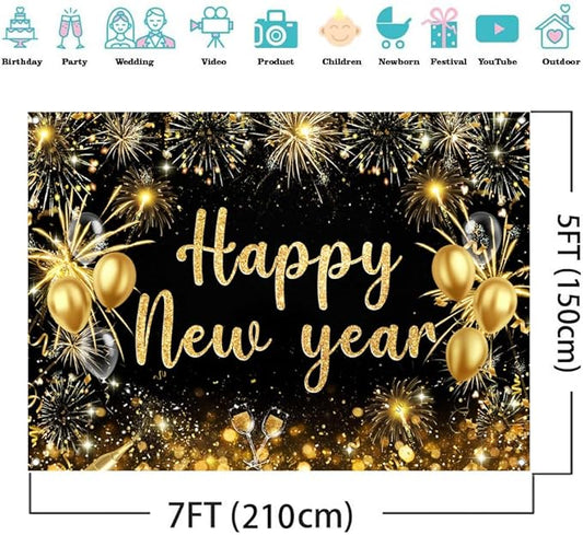 AIIKES 82.6x59 Inches Happy New Year Backdrop Gold Fireworks New Year Party Decoration XY238