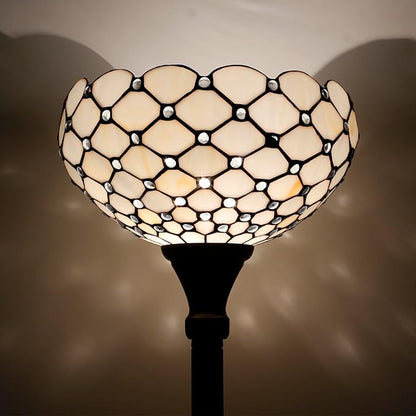 WERFACTORY Tiffany Floor Lamp Cream Amber Stained Glass Bead Light 12X12X71 Inches Pole Torchiere Standing Corner Torch Uplight Decor Bedroom Living Room Home Office (LED Bulb Included) S005 Series