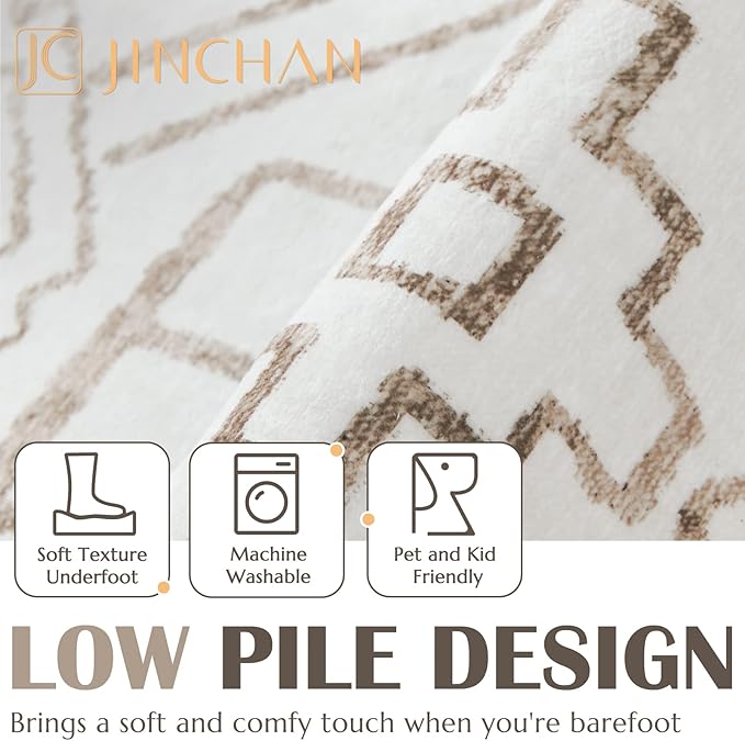 jinchan Hallway Runner Rug 3x7 - Moroccan Kitchen Machine Washable Runner Rug Modern Geometric Soft Faux Wool Ultra-Thin Low-Pile Non-Slip Carpet for Laundry Room Bedroom Farmhouse (3x7ft, Taupe)