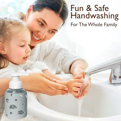 SoCal Suds & Company Glass Foaming Hand Soap Dispenser, Soft Grip Silicone Sleeve, Refillable Pump Bottle for Kids, Baby Wash & Shampoo, Ideal for Home Use, Light Grey 8oz