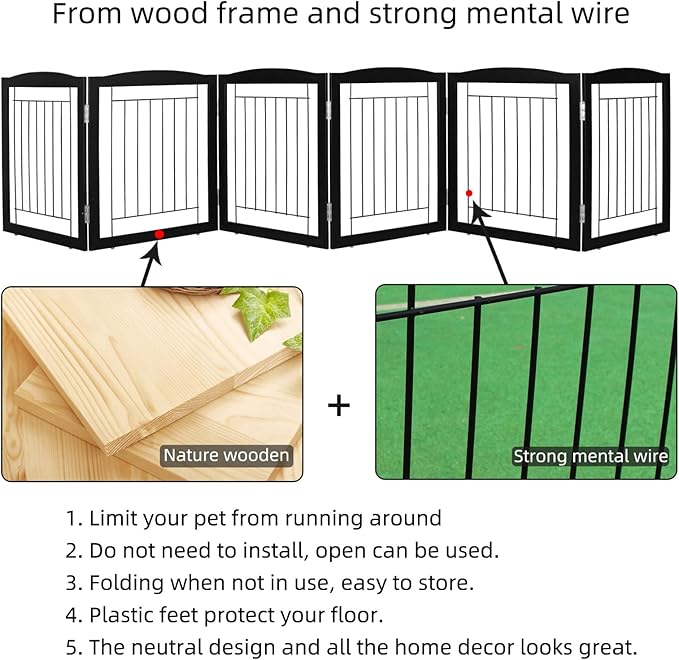ZJSF Freestanding Foldable Dog Gate for House Extra Wide Wooden Black Indoor Puppy Gate Stairs Dog Gates Doorways Tall Pet Gate 6 Panels Fence