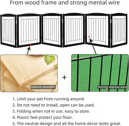 ZJSF Freestanding Foldable Dog Gate for House Extra Wide Wooden Black Indoor Puppy Gate Stairs Dog Gates Doorways Tall Pet Gate 6 Panels Fence