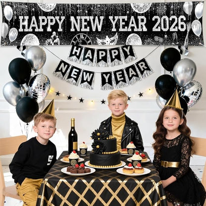 New Years Eve Banner for 2026, Silver and Black Happy New Year 2026 Backdrop Great New Year Decorations for Outdoor Indoor Home Wall 118x19.69inch
