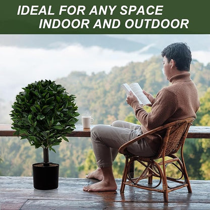 24" Outdoor Evergreens in Outdoor Artificial Shrub Potted Plant Plant for Indoor Porch of Home and Office 2 Pieces a Set Topiary Trees Faux Boxwood with Spike. Easy to Push in The Ground