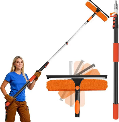 26FT Telescoping Window Cleaning Kit with 14" Squeegee - 2-in-1 Professional Window Scrubber & Extension Pole - Extra Long High-Reach Glass Cleaner Tool for Indoor & Outdoor High Windows, RV
