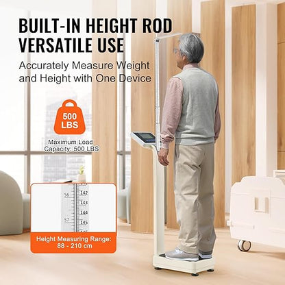 VEVOR Medical Digital Scale, Professional Physician Scale for Weight Height, Multi-Function Medical Physician Scale with Built-in Height Rod, 2 Unit (kg/lb), BMI for Home Hospital Gym, 500LBS Capacity