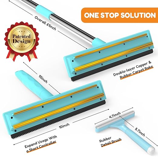 3 In 1 Carpet Rake for Pet Hair Removal Tool with Long & Short Handle and Rubber Detail Brush, Carpet Brush for Pet Hair, Deep Cleaning Pet Hair Removal Broom for Carpets Couches Rug Furniture