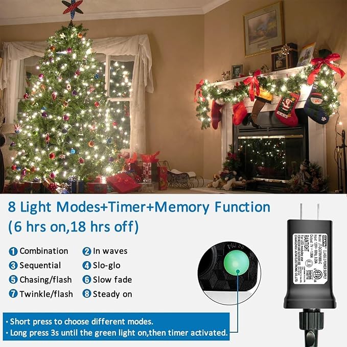 YEGUO 165ft 500 LED Christmas Lights Outdoor Waterproof, White String Lights Indoor, Green Wire Twinkle Tree Light Plug in with 8 Modes Timer Memory