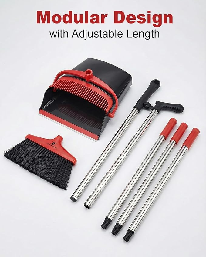 Broom and Dustpan Set Upright Standing Sweeper with Long Handle Folding Dust Pan with Built-in Teeth Comb Indoor & Outdoor Cleaning Compact Storage Broom Dustpan Combo Set