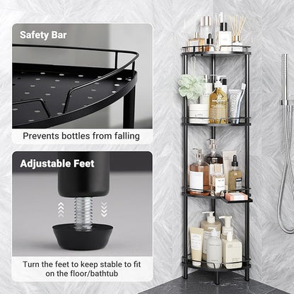 ELYKEN Corner Shower Caddy Standing, 4 Tier Rustproof Metal Shower Organizer with Soap Holder, Floor Shower Corner Shelf Rack Storage Stands with Adjustable Feet & 2 Hooks for Bathroom, Black