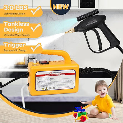 Moongiantgo 1700W High Pressure Steam Cleaner Handheld Portable Tankless Steam Cleaning Machine for Car Detailing Commercial Home Use Kitchen Bathroom Grout Tile (Yellow, 110V)