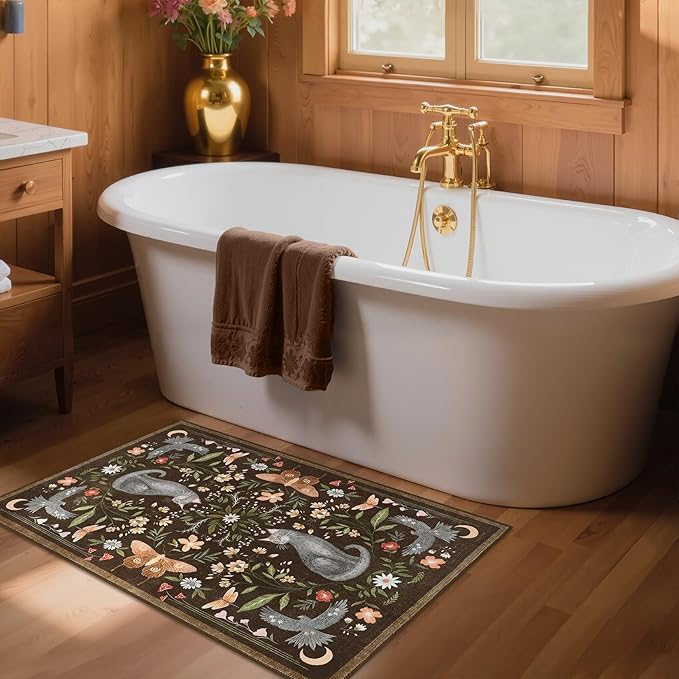 GarveeHome Cat Entryway Rug, 2x3 Mushroom Insect Brown Washable Front Door Rug Indoor Entrance Floral Carpet Non-Slip Low Pile Throw Rugs for Kitchen Floor, Powder Room, Entry, Bathroom, Kids Room