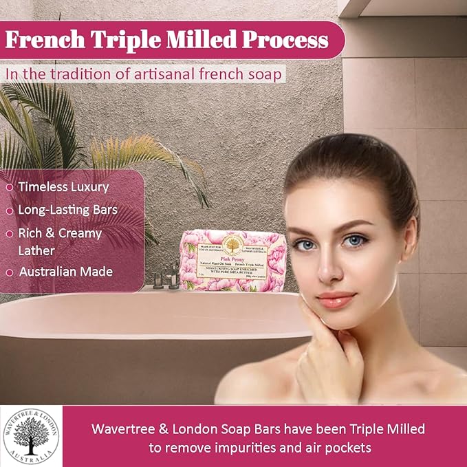 Wavertree & London Pink Peony Scented Natural Soap (8 Bars), 7oz Moisturizing French Triple Milled Soap Bars enriched with shea butter - Pure Plant Oil Bath & Body Bars for All Skin Types