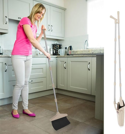 Broom with Dustpan Combo Set 54” Long Handle Household Dust Pan for Home Cleaning （Beige）