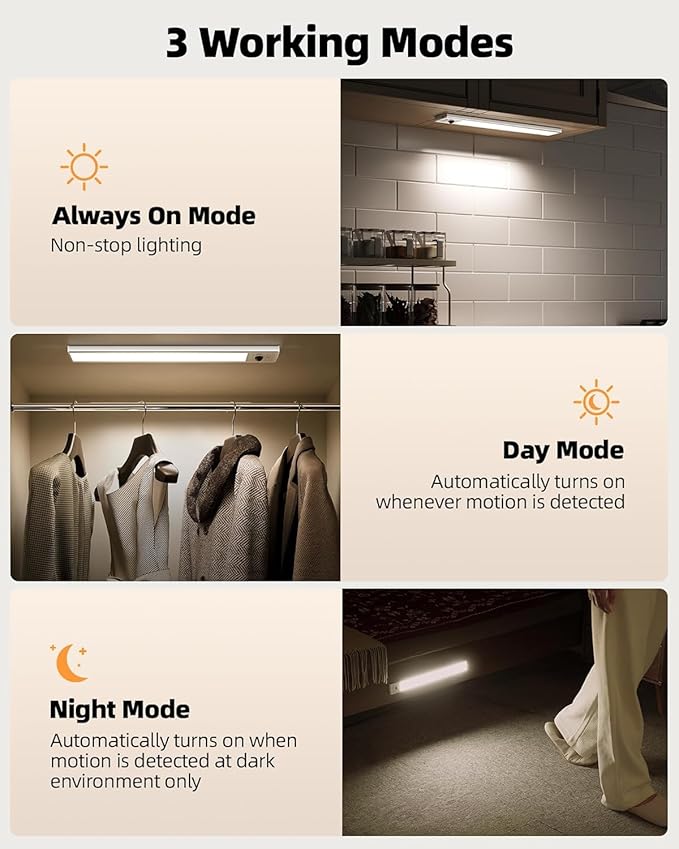 EZVALO Under Cabinet Lighting, 2000mAh Rechargeable Motion Sensor Lights Indoor, LED Dimmable Closet Lights, 3 Color Temps with Battery Indicator, Under Counter Lights for Kitchen, Stair