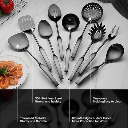 304 Stainless Steel Kitchen Utensils Set 9 Pcs Cooking Utensil Set, 15 Inches All Metal Cooking Tools Wok Kitchen Cookware Set with Spatula Useful Pots and Pans Accessories